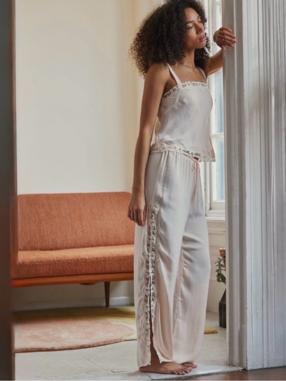 Free People Cream Lace-Trim Satin Pajama Set